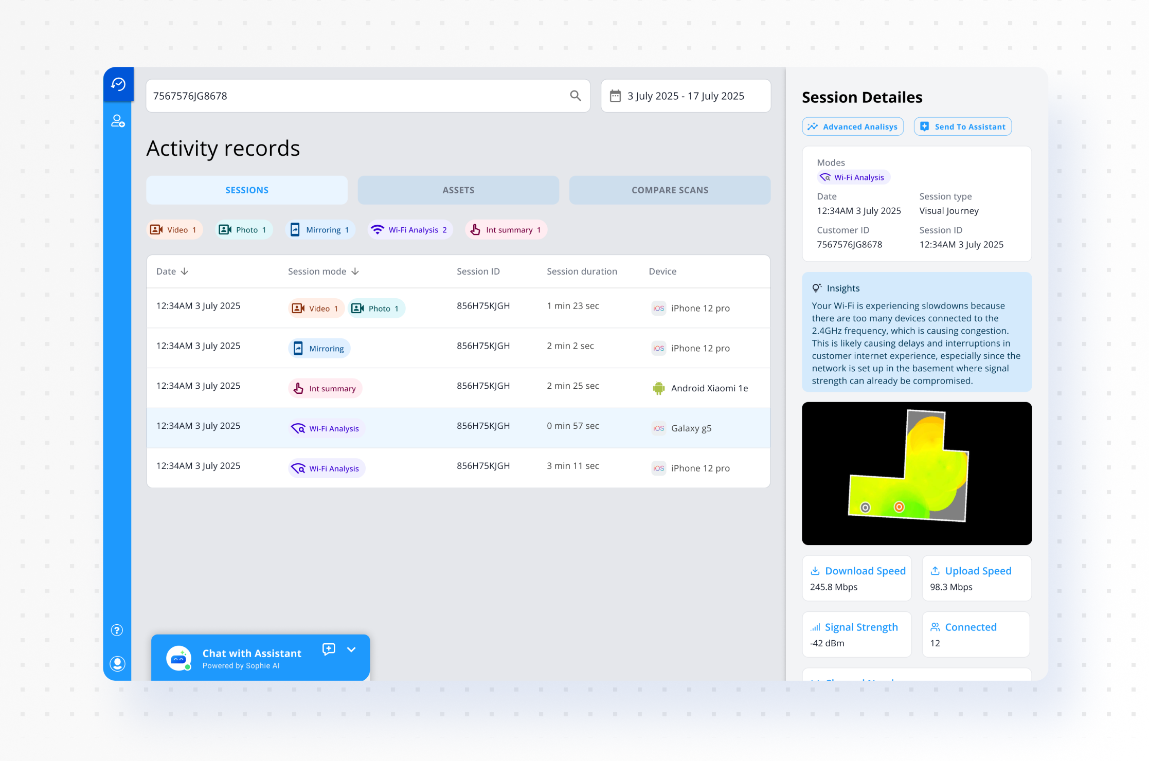 The agent's activity records: sessions filtered by mode, with the selected Wi-Fi Analysis session opened in the details panel — insights, heat map, and speed, signal and device readings.